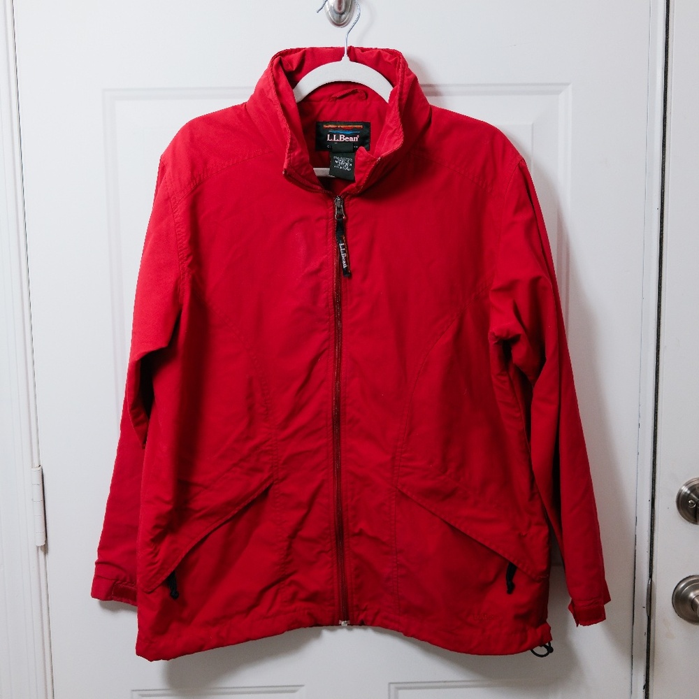 LL Bean Women's Large Rain Jacket Zip Windbreaker Hooded Red Large